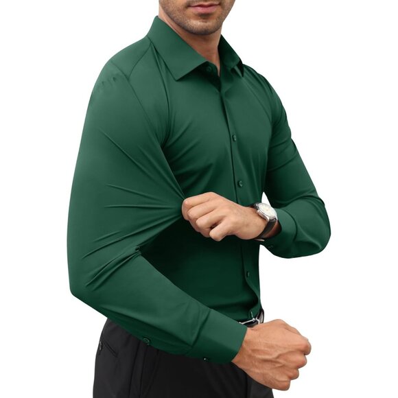 Men's Green Long Sleeve Slim Muscle Fit Wrinkle Free Button Down Dress Shirts - Picture 2 of 8